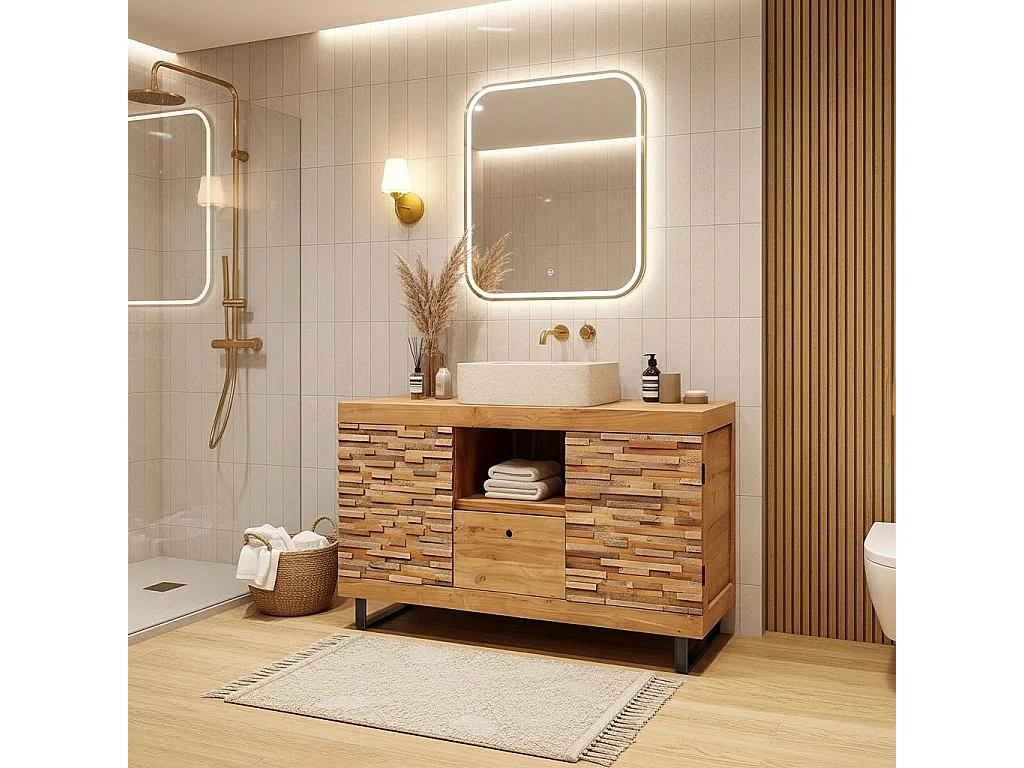 Néo - Meuble salle de bain en teck parqueté 140 cm