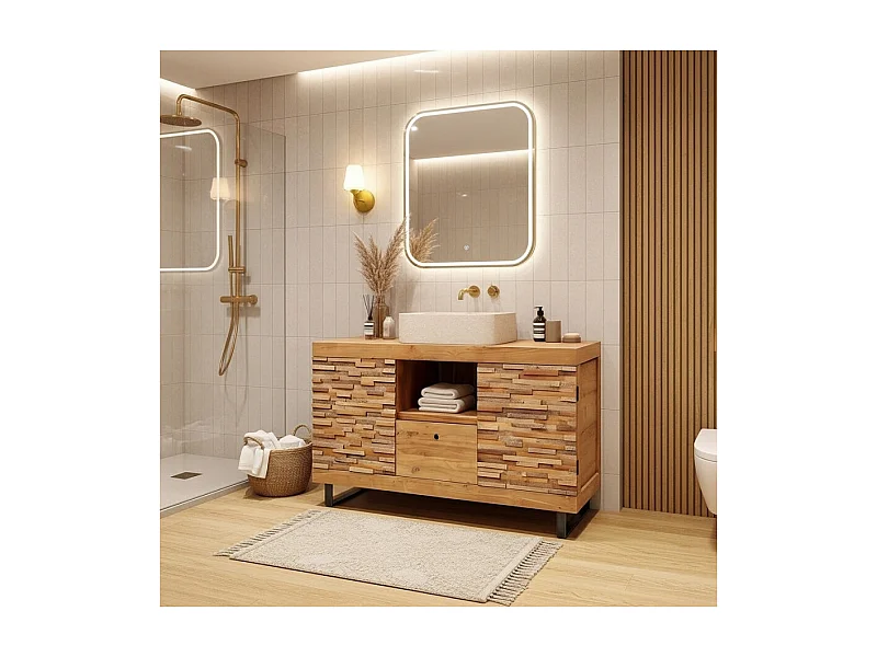 Néo - Meuble salle de bain en teck parqueté 140 cm