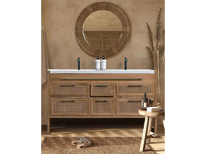 Sahara - Meuble salle de bain en teck et terazzo beige 145 cm