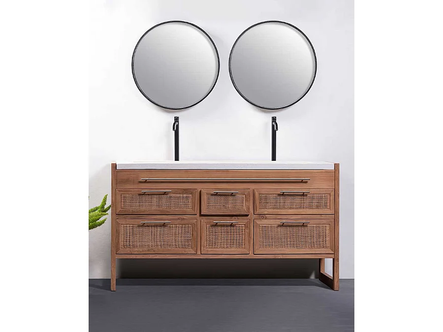 Sahara - Meuble salle de bain en teck et terazzo beige 145 cm