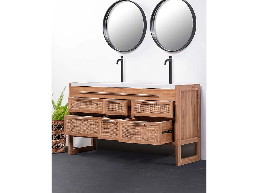 Sahara - Meuble salle de bain en teck et terazzo beige 145 cm