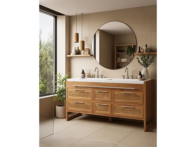 Sahara - Meuble salle de bain en teck et terazzo beige 145 cm