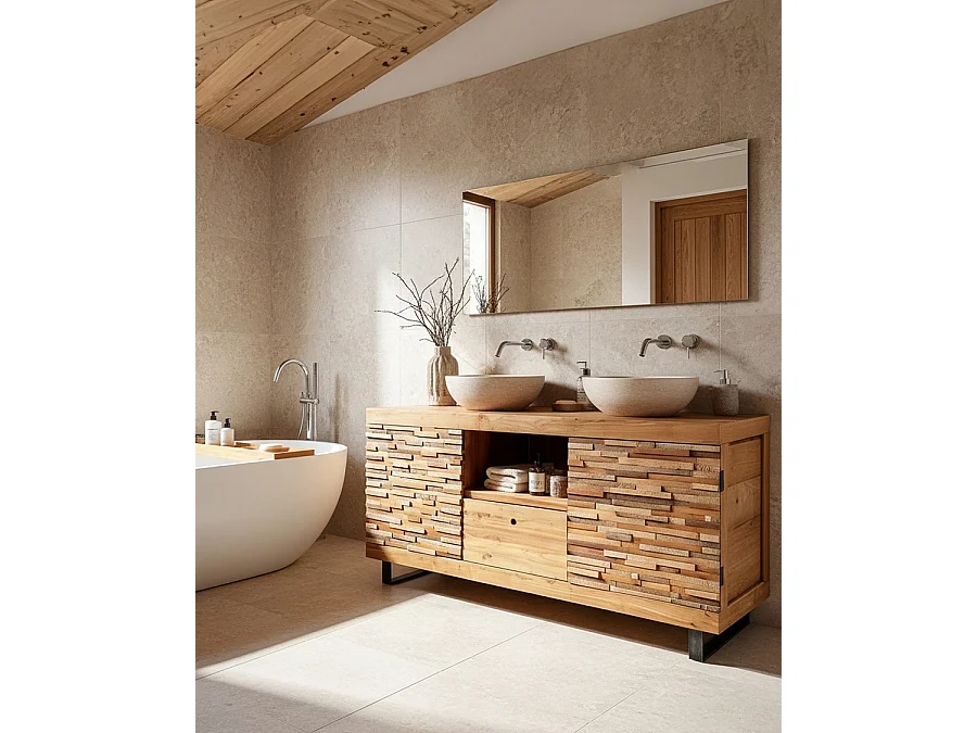 Néo - Meuble salle de bain en teck parqueté 160 cm