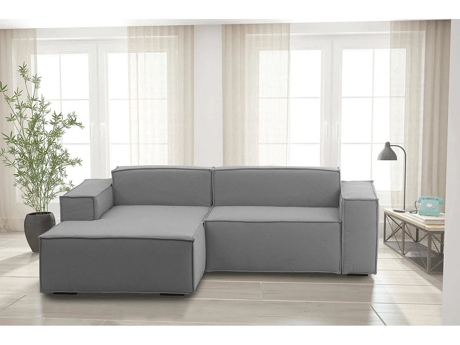 Divano fisso Nadia, Divano componibile a 2 posti con penisola sinistra, 100% Made in Italy, Sofà moderno in tessuto, Cm 220x170h70, Grigio