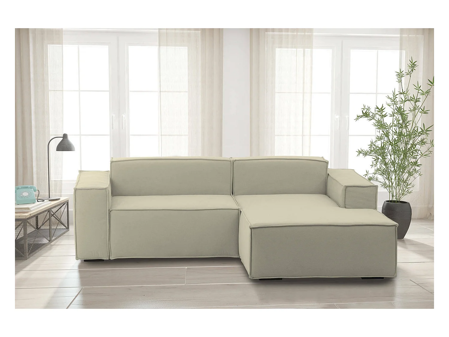 Canapé fixe Lidia, Grand canapé modulable 2 places avec péninsule droite, 100% Made in Italy, Canapé moderne en tissu, 240x170h70 cm, Beige