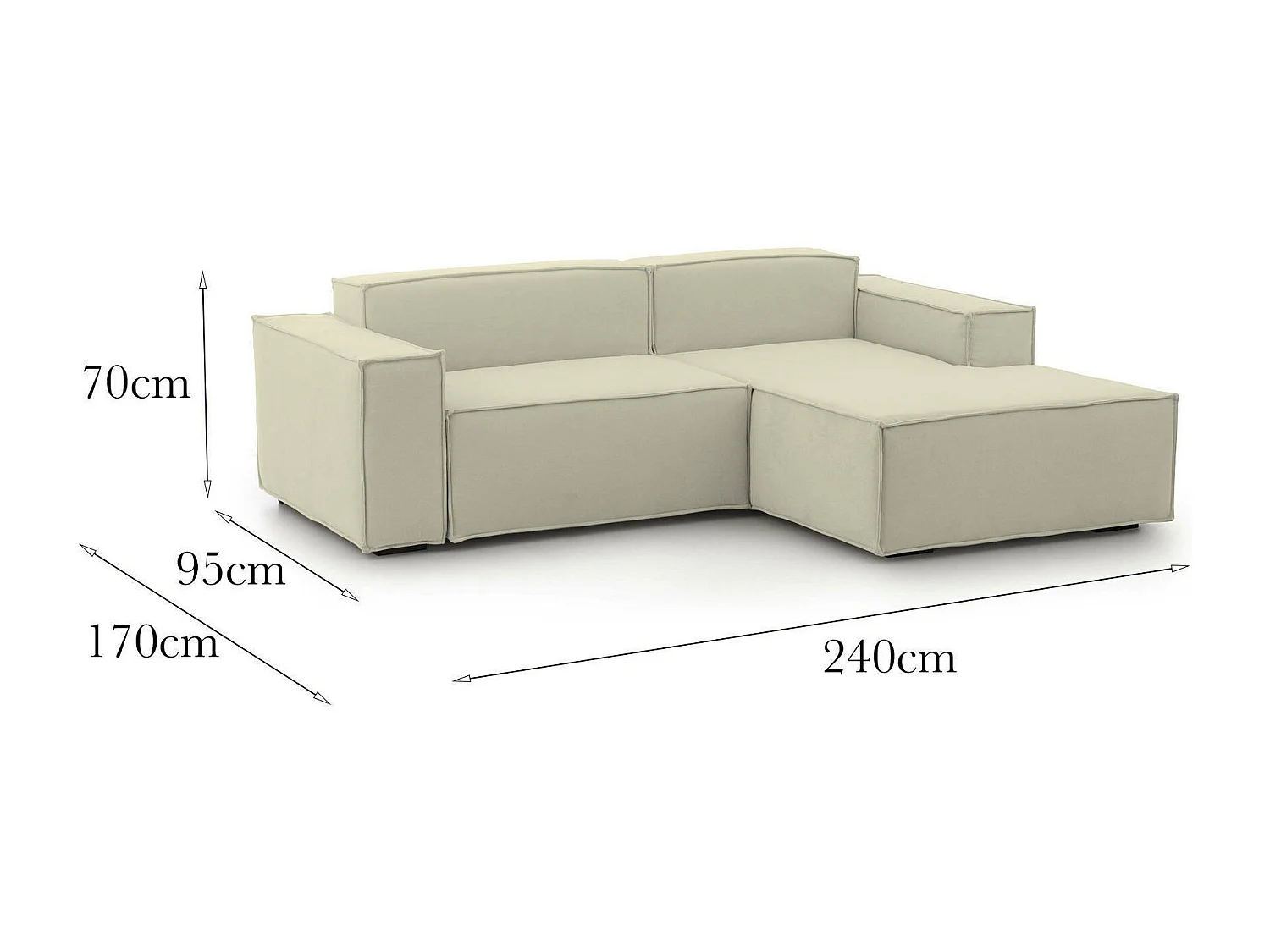 Canapé fixe Lidia, Grand canapé modulable 2 places avec péninsule droite, 100% Made in Italy, Canapé moderne en tissu, 240x170h70 cm, Beige