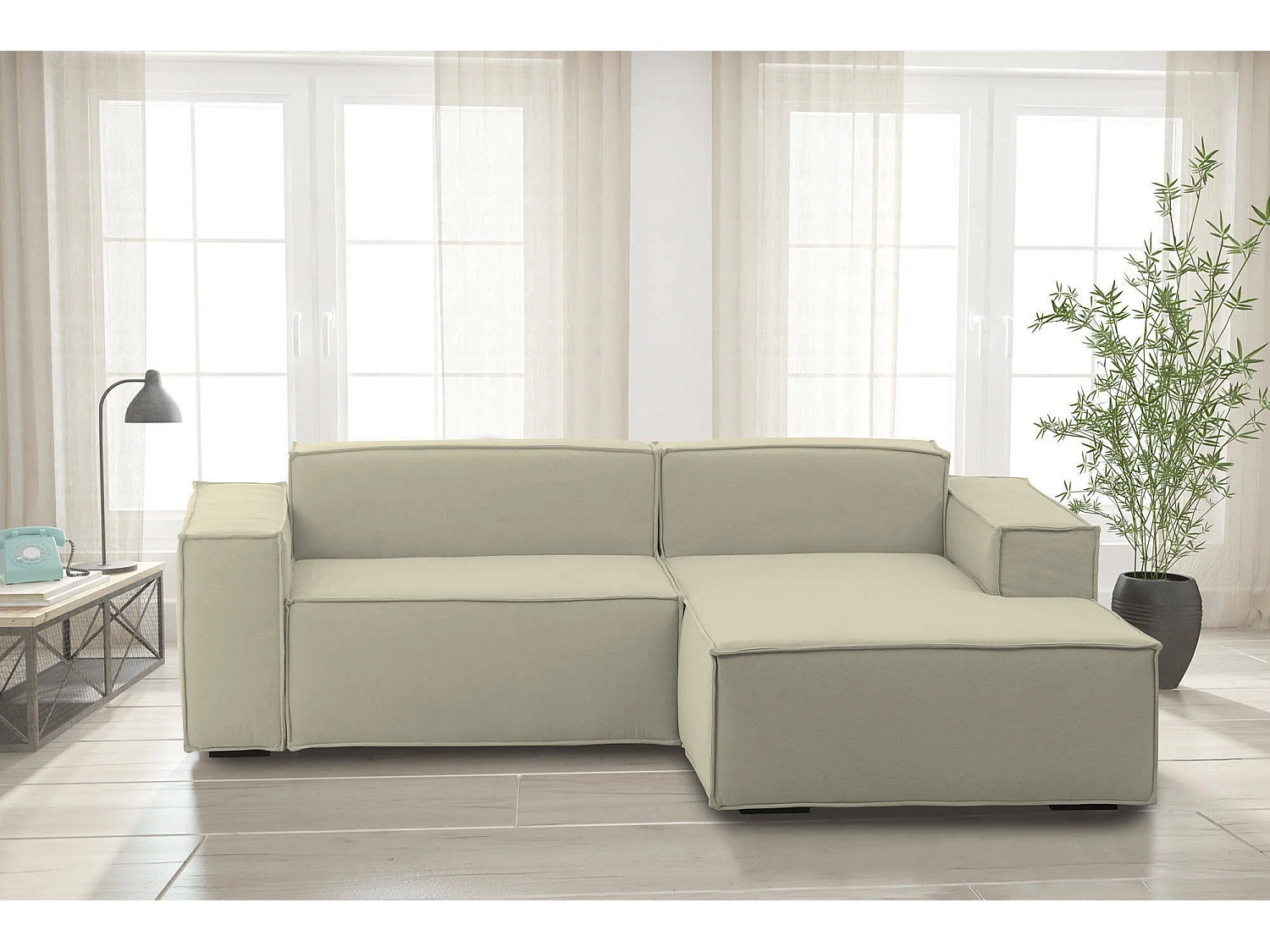 Canapé fixe Lidia, Grand canapé modulable 2 places avec péninsule droite, 100% Made in Italy, Canapé moderne en tissu, 240x170h70 cm, Beige