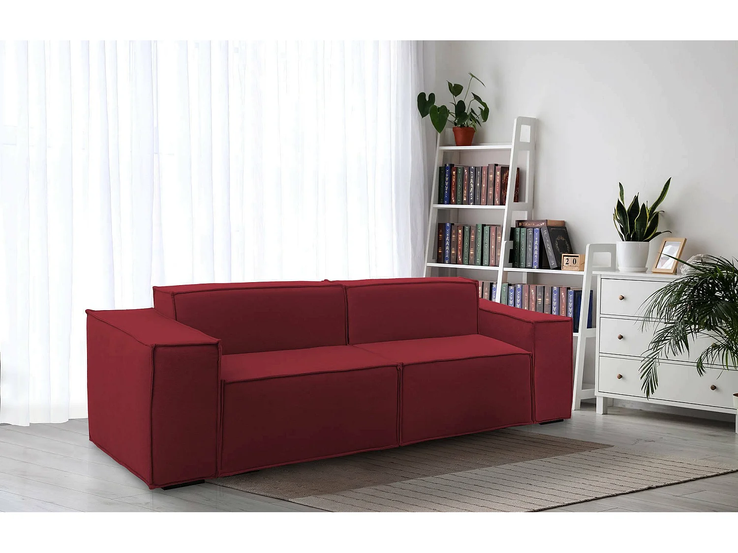 Festes Sofa Paola, Lineares modulares 2-Sitzer-Sofa, 100% Made in Italy, Modernes Wohnzimmersofa aus Stoff, Cm 220x95h70, Rot