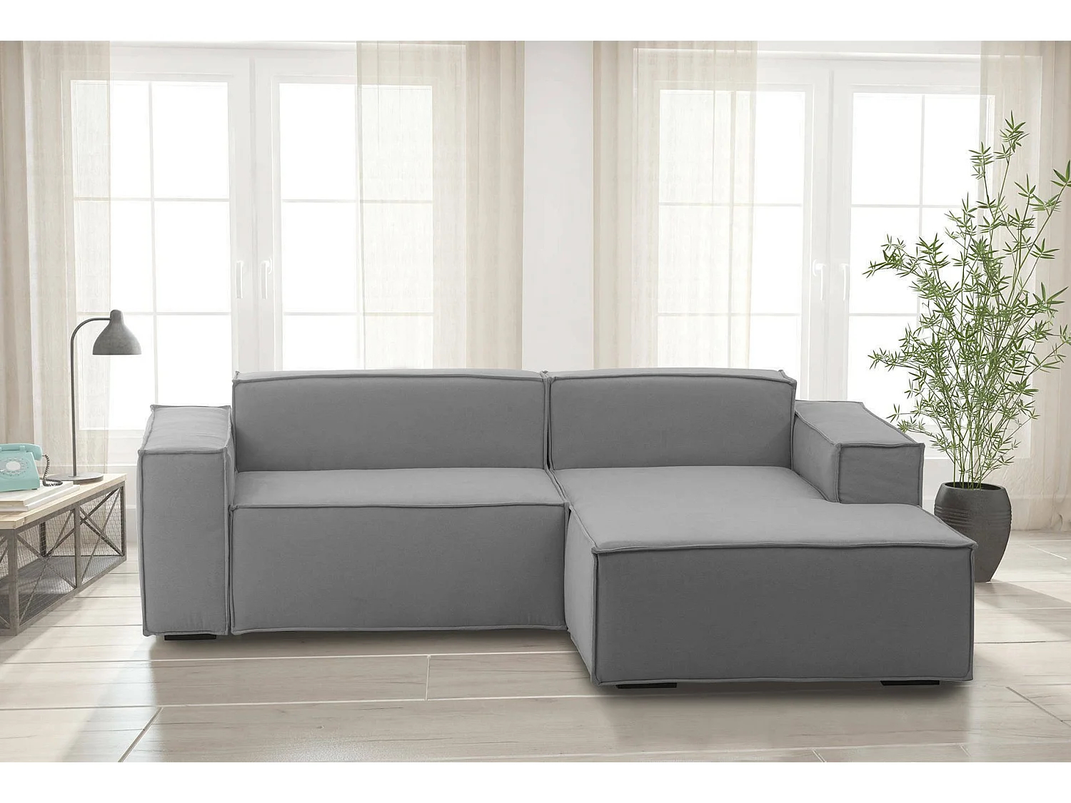 Patrizia vaste bank, 2-zits modulaire bank met rechterschiereiland, 100% Made in Italy, Moderne stoffen bank, 220x170h70 cm, Grijs