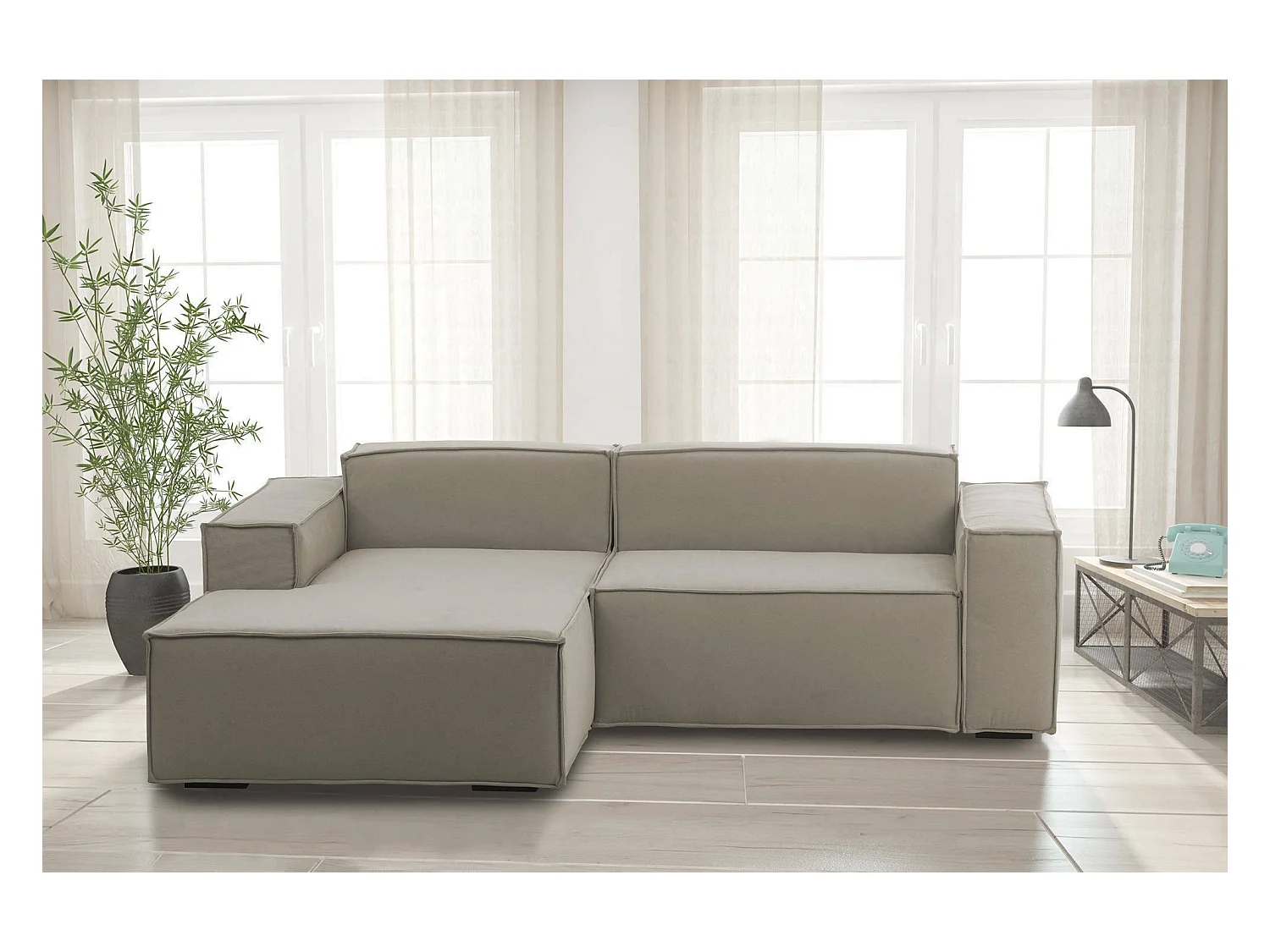 Canapé fixe Nadia, canapé modulable 2 places avec péninsule gauche, 100% Made in Italy, Canapé moderne en tissu, 220x170h70 cm, Taupe