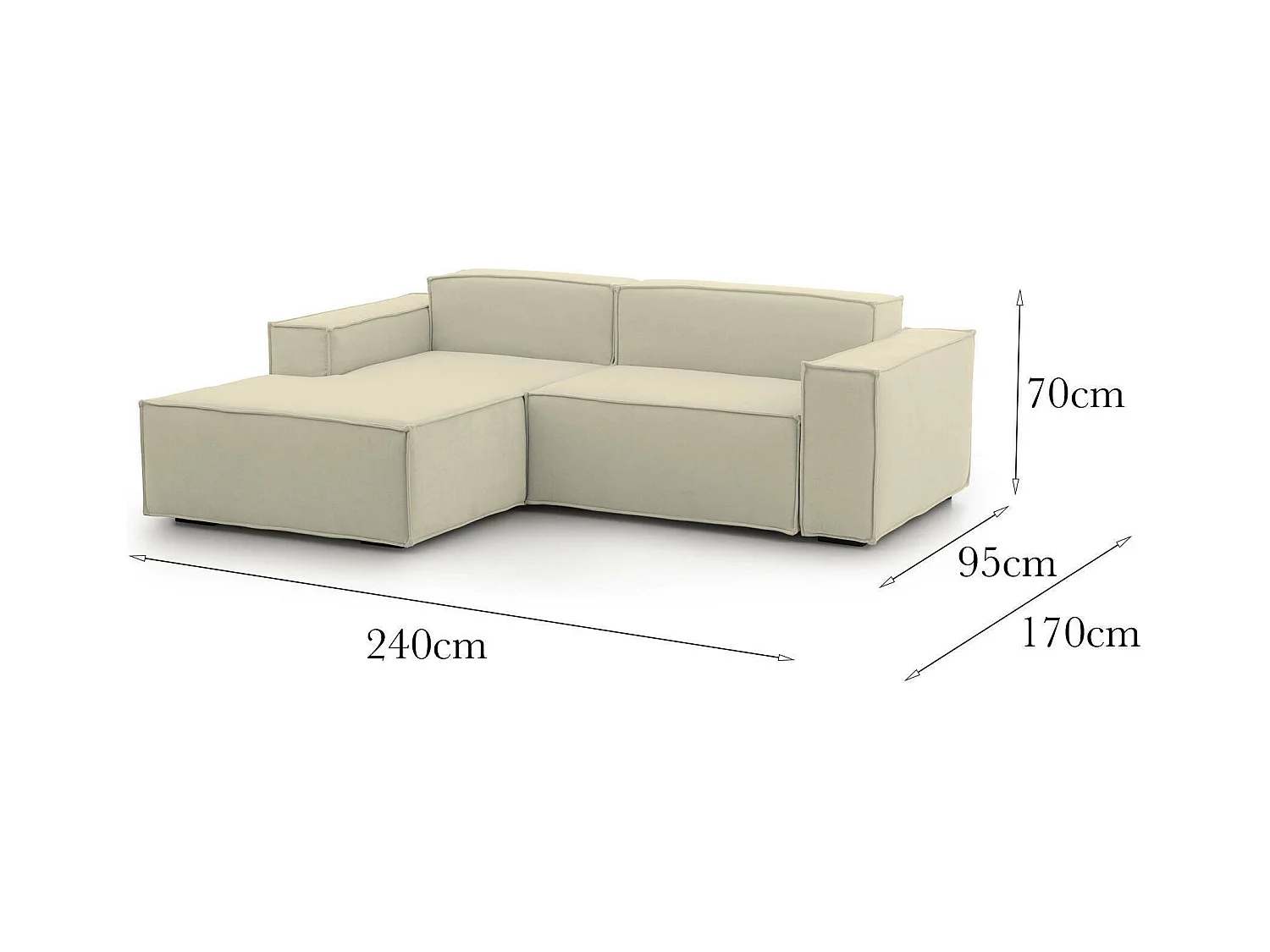 Canapé fixe Daniela, Grand canapé modulable 2 places avec péninsule gauche, 100% Made in Italy, Canapé moderne en tissu, 240x170h70 cm, Beige