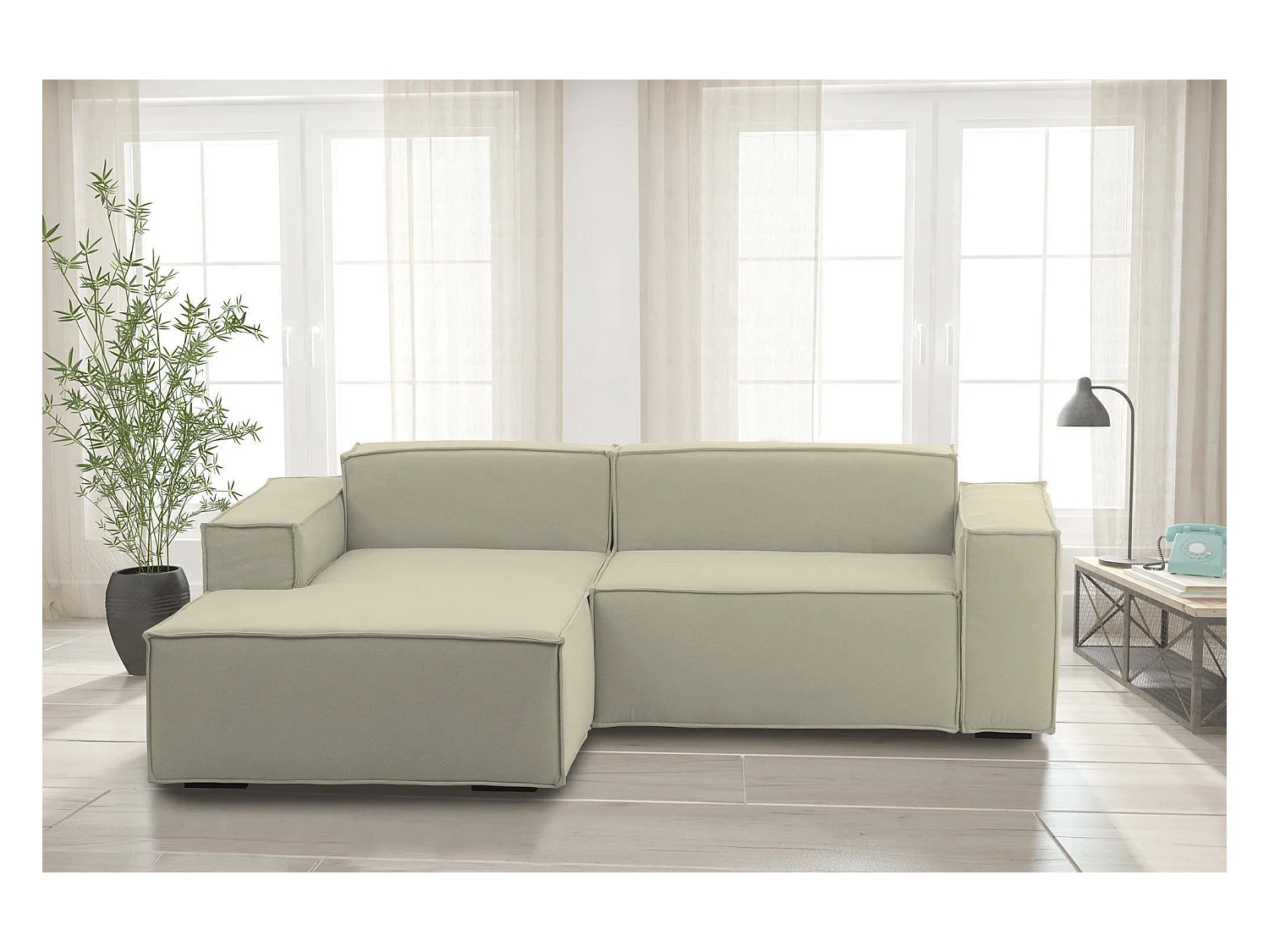 Canapé fixe Daniela, Grand canapé modulable 2 places avec péninsule gauche, 100% Made in Italy, Canapé moderne en tissu, 240x170h70 cm, Beige