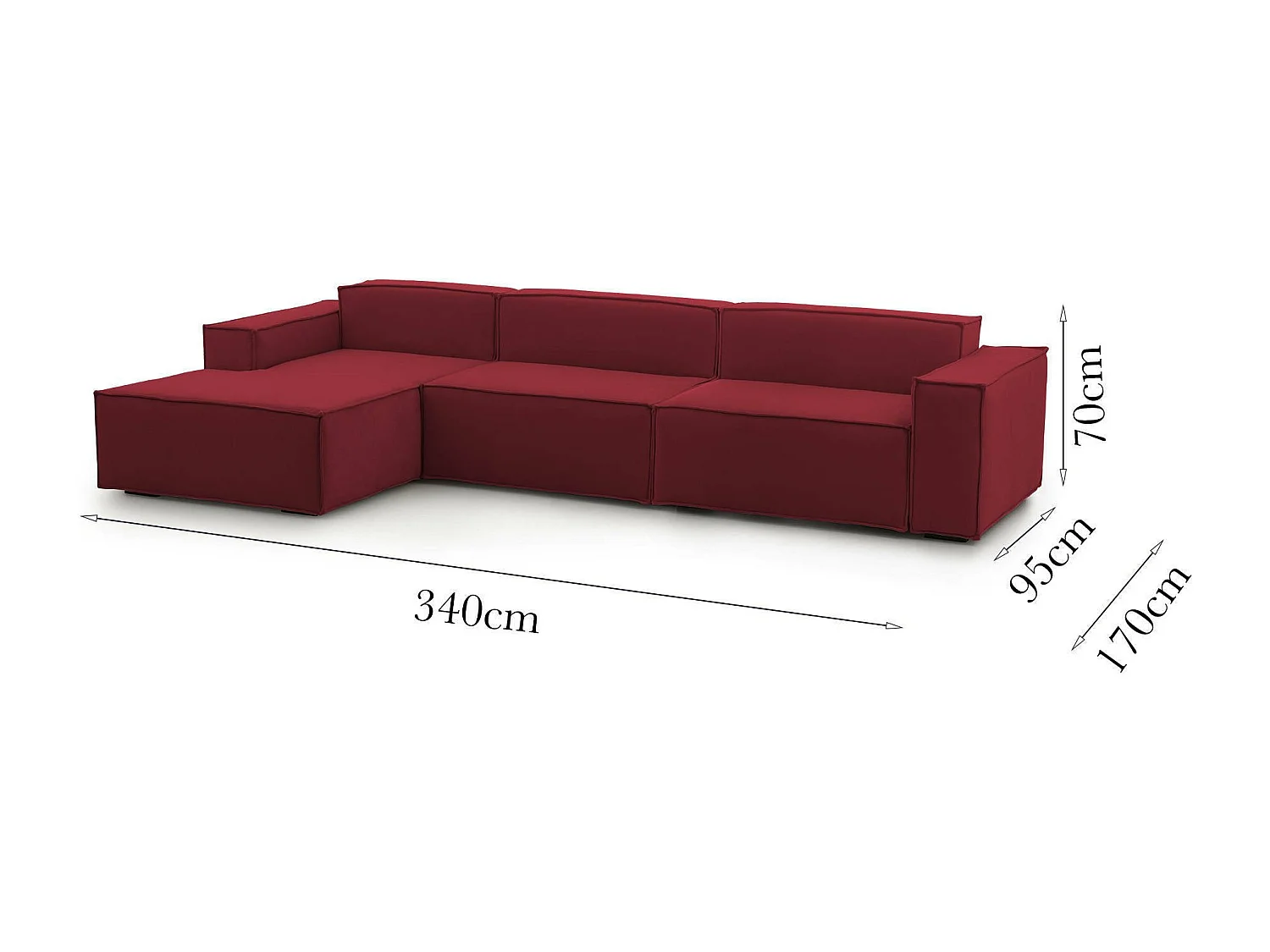 Licia vaste bank, 4-zits modulaire bank met linkerschiereiland, 100% Made in Italy, Moderne stoffen bank, 340x170h70 cm, Rood