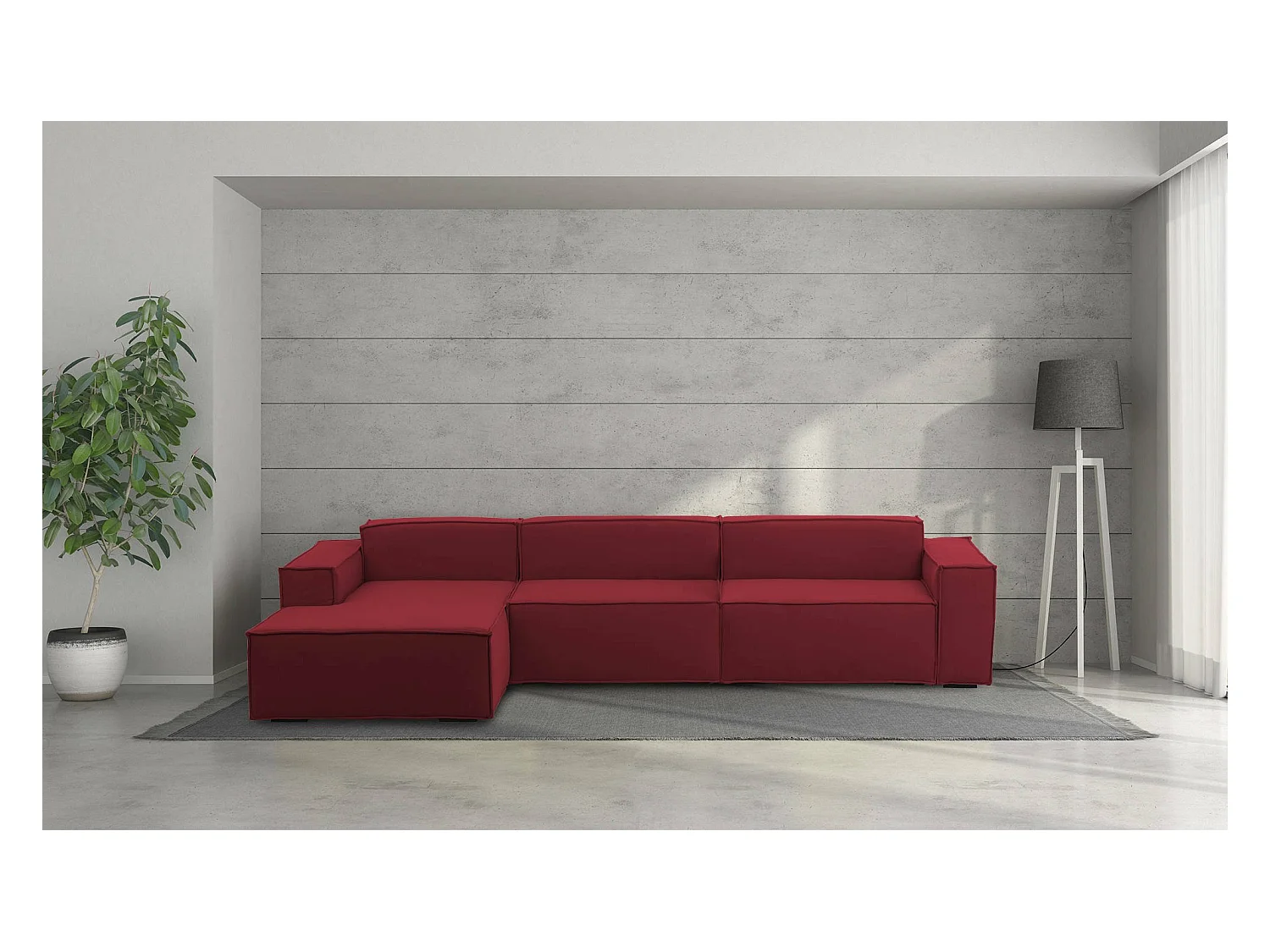 Divano fisso Licia, Divano componibile a 4 posti con penisola sinistra, 100% Made in Italy, Sofà moderno in tessuto, Cm 340x170h70, Rosso