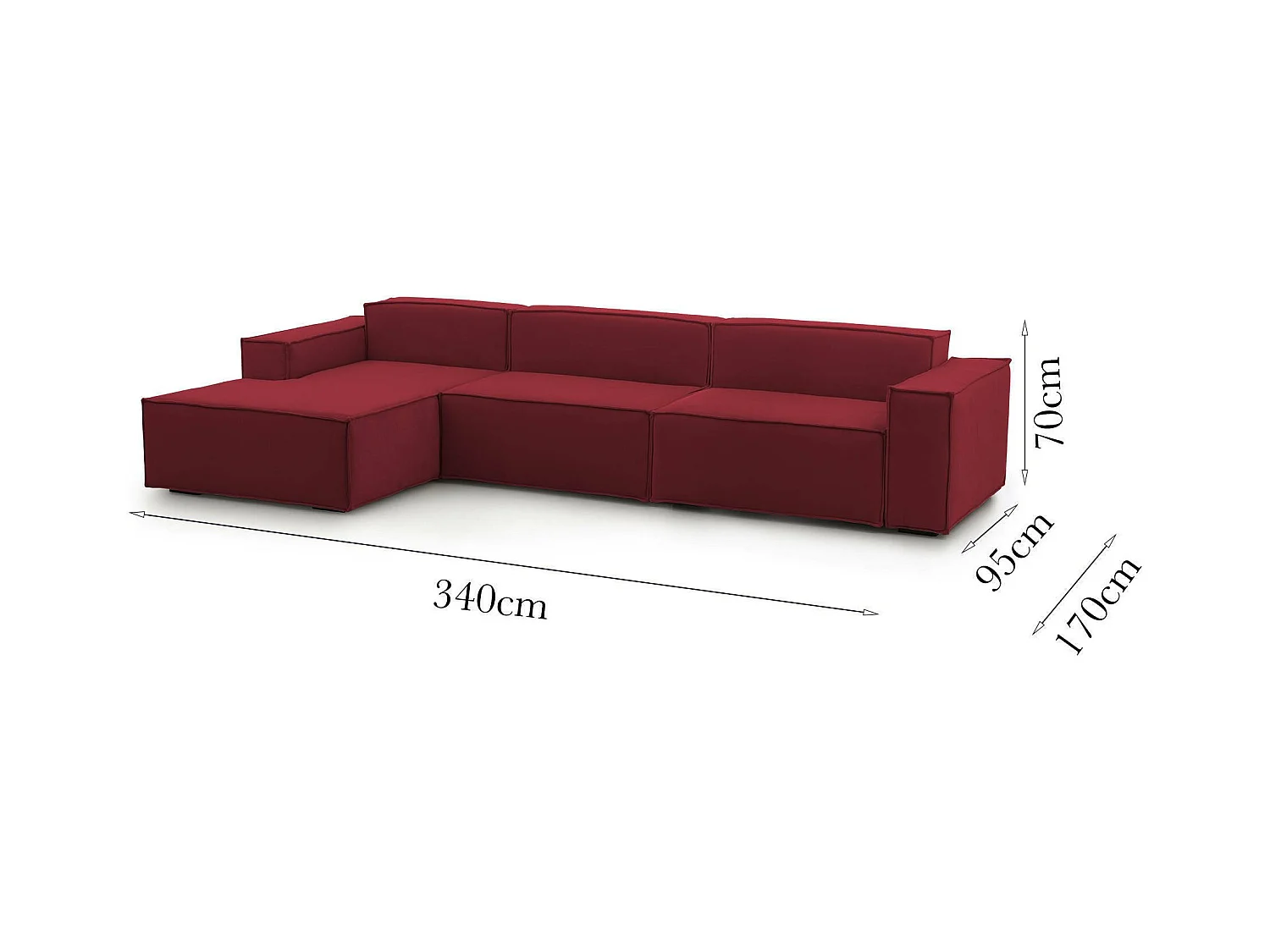 Divano fisso Licia, Divano componibile a 4 posti con penisola sinistra, 100% Made in Italy, Sofà moderno in tessuto, Cm 340x170h70, Rosso
