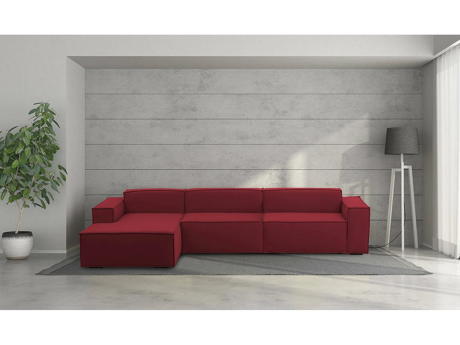 Divano fisso Licia, Divano componibile a 4 posti con penisola sinistra, 100% Made in Italy, Sofà moderno in tessuto, Cm 340x170h70, Rosso
