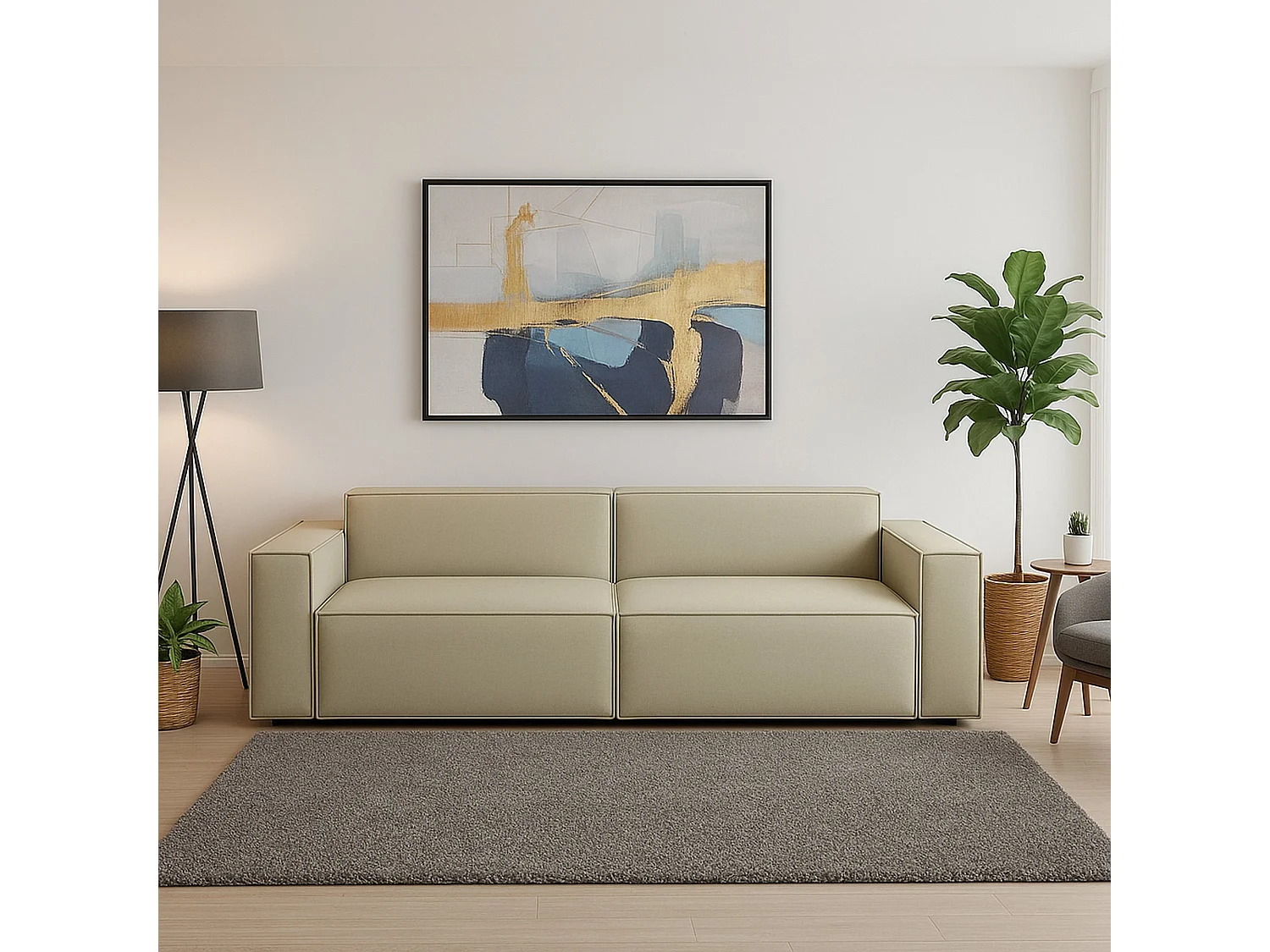 Canapé fixe Simona, canapé modulable linéaire 3 places, 100% Made in Italy, Canapé de salon moderne en tissu, 260x95h70 cm, Beige