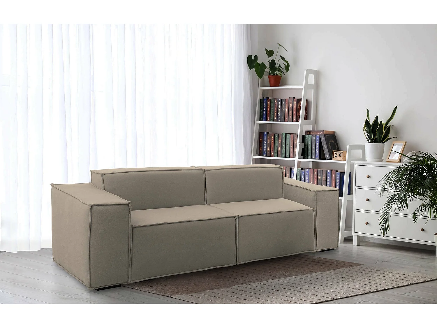 Canapé fixe Paola, canapé modulable linéaire 2 places, 100% Made in Italy, Canapé de salon moderne en tissu, 220x95h70 cm, Taupe