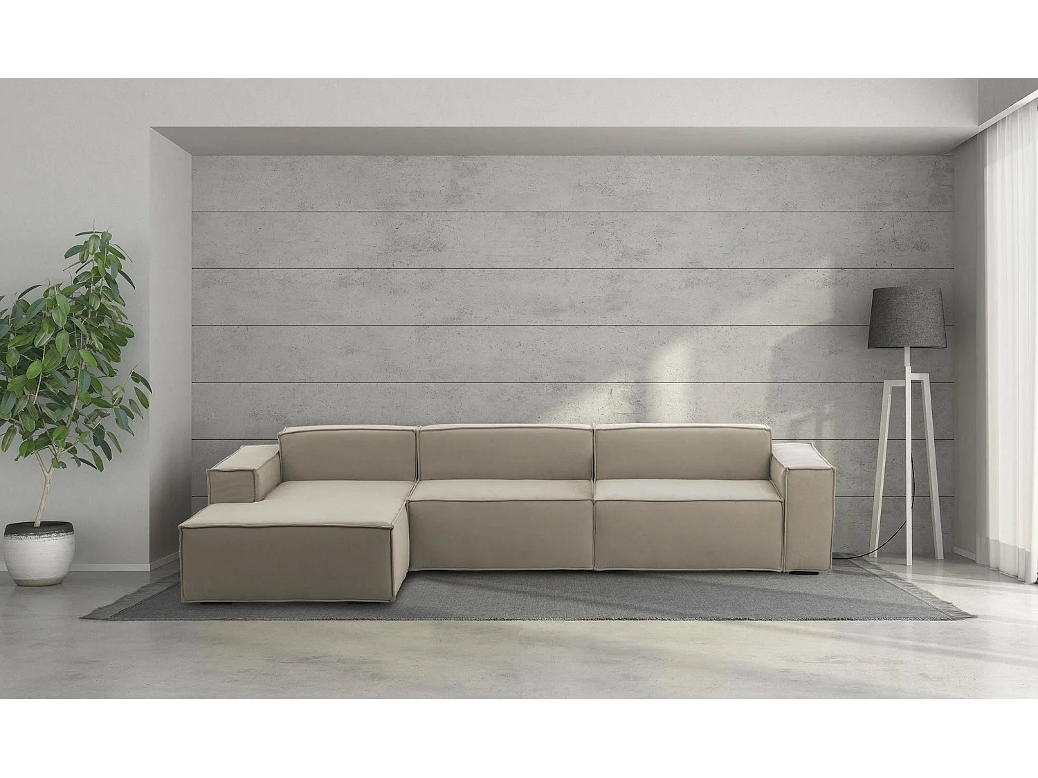 Canapé fixe Licia, canapé modulable 4 places avec péninsule gauche, 100% Made in Italy, Canapé moderne en tissu, 340x170h70 cm, Taupe