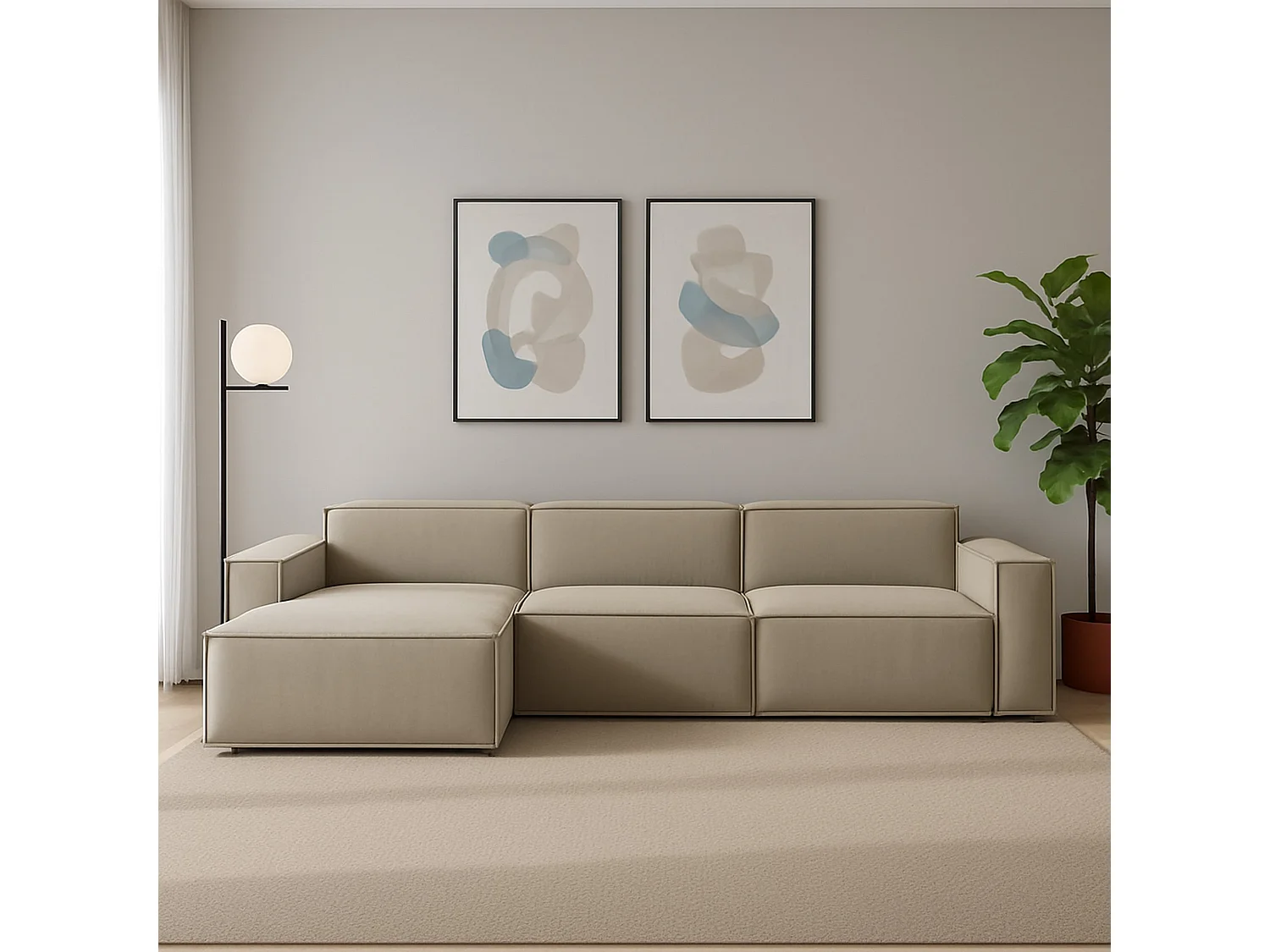 Canapé fixe Licia, canapé modulable 4 places avec péninsule gauche, 100% Made in Italy, Canapé moderne en tissu, 340x170h70 cm, Taupe