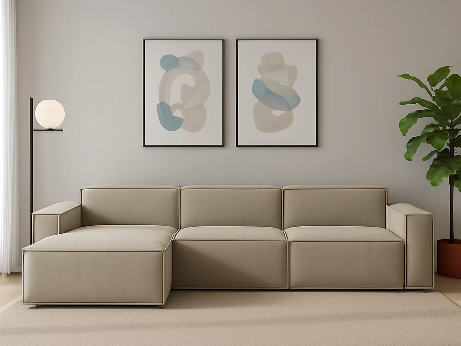 Canapé fixe Licia, canapé modulable 4 places avec péninsule gauche, 100% Made in Italy, Canapé moderne en tissu, 340x170h70 cm, Taupe