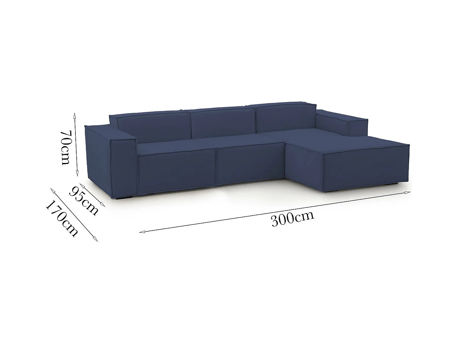 Divano fisso Giovanna, Divano componibile a 3 posti con penisola destra, 100% Made in Italy, Sofà moderno in tessuto, Cm 300x170h70, Blu