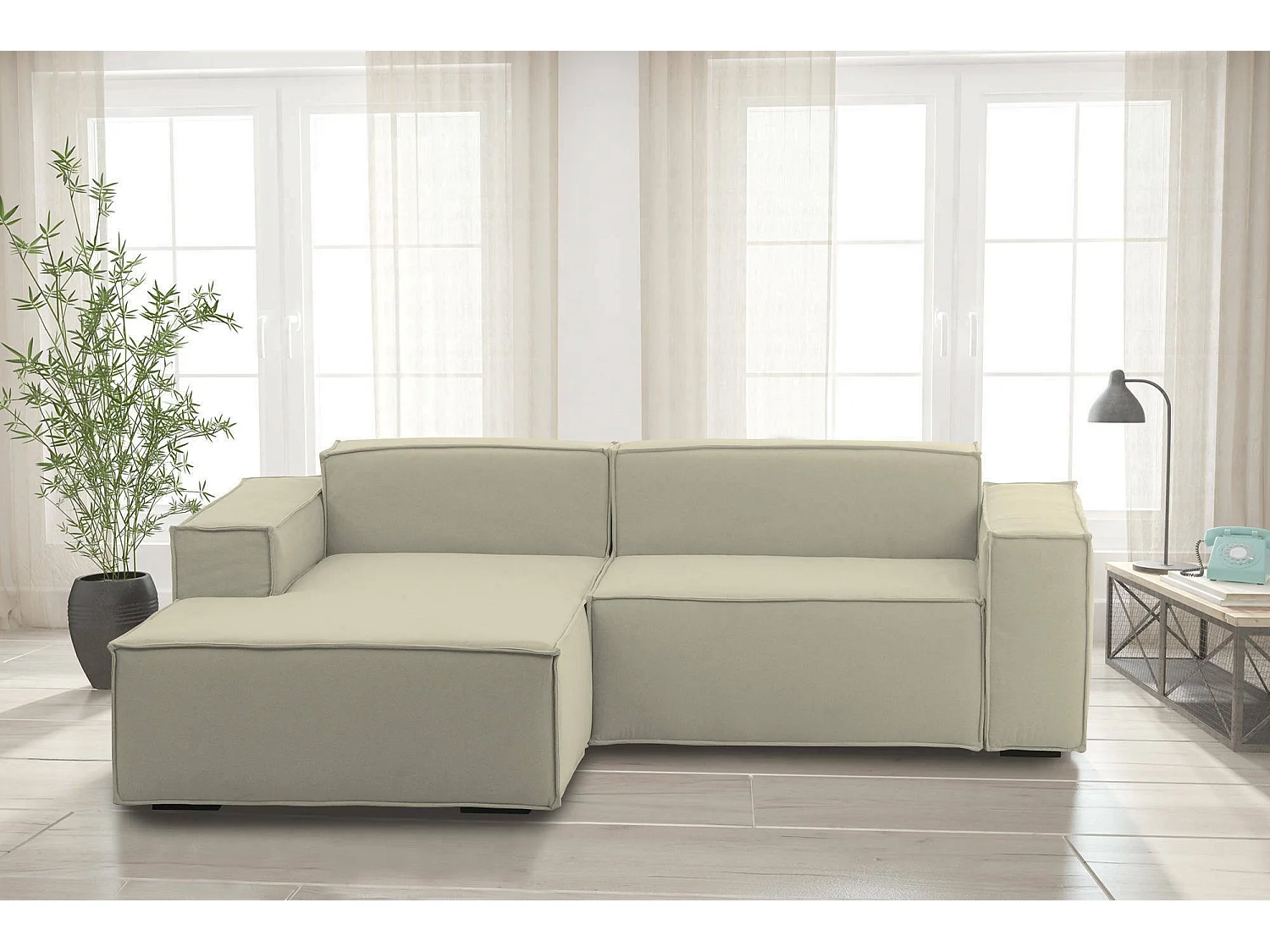 Sofá fixo Nadia, sofá modular de 2 lugares com península esquerda, 100% Fabricado na Itália, Sofá de tecido moderno, 220x170h70 cm, Bege