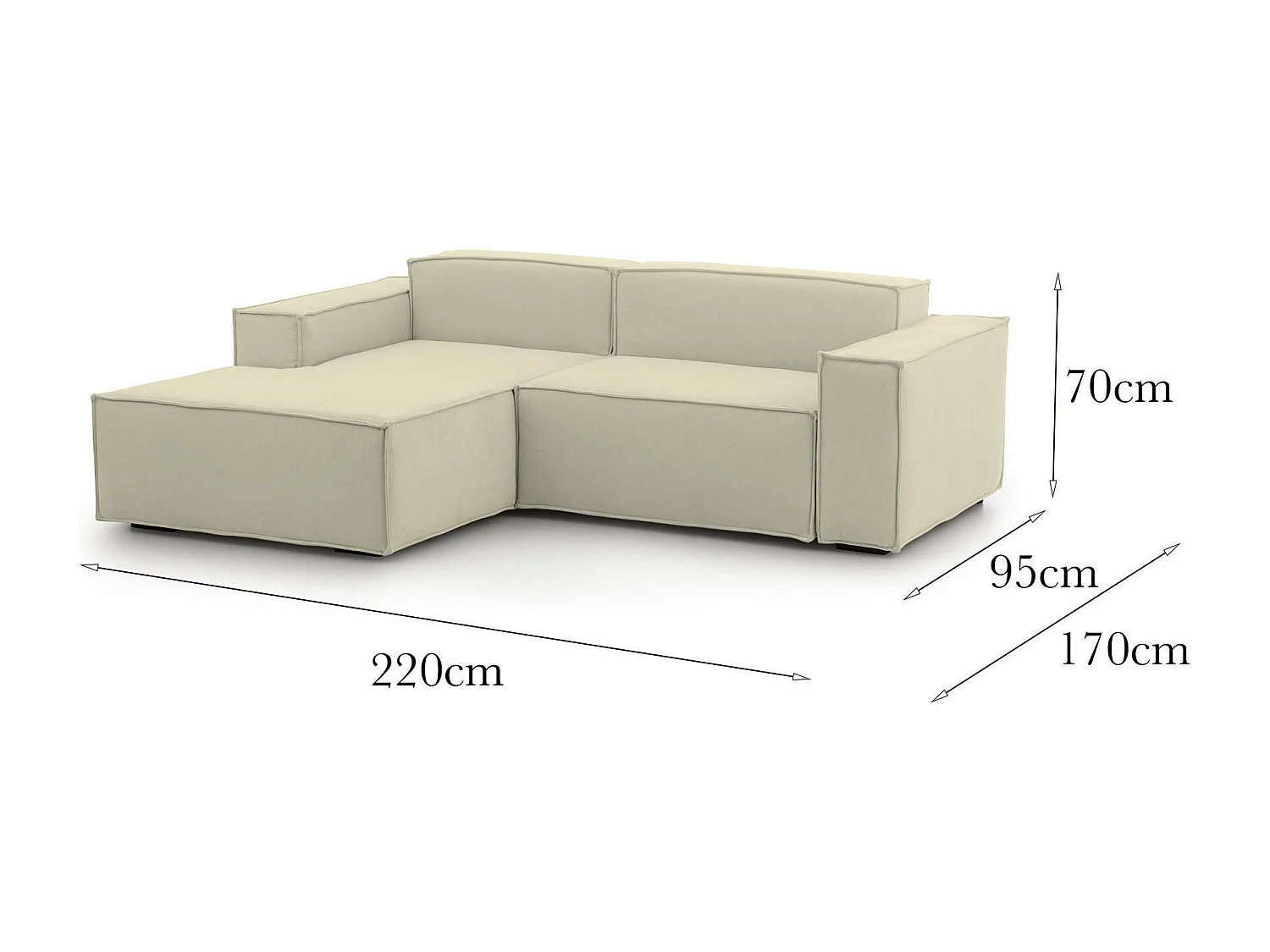 Sofá fixo Nadia, sofá modular de 2 lugares com península esquerda, 100% Fabricado na Itália, Sofá de tecido moderno, 220x170h70 cm, Bege