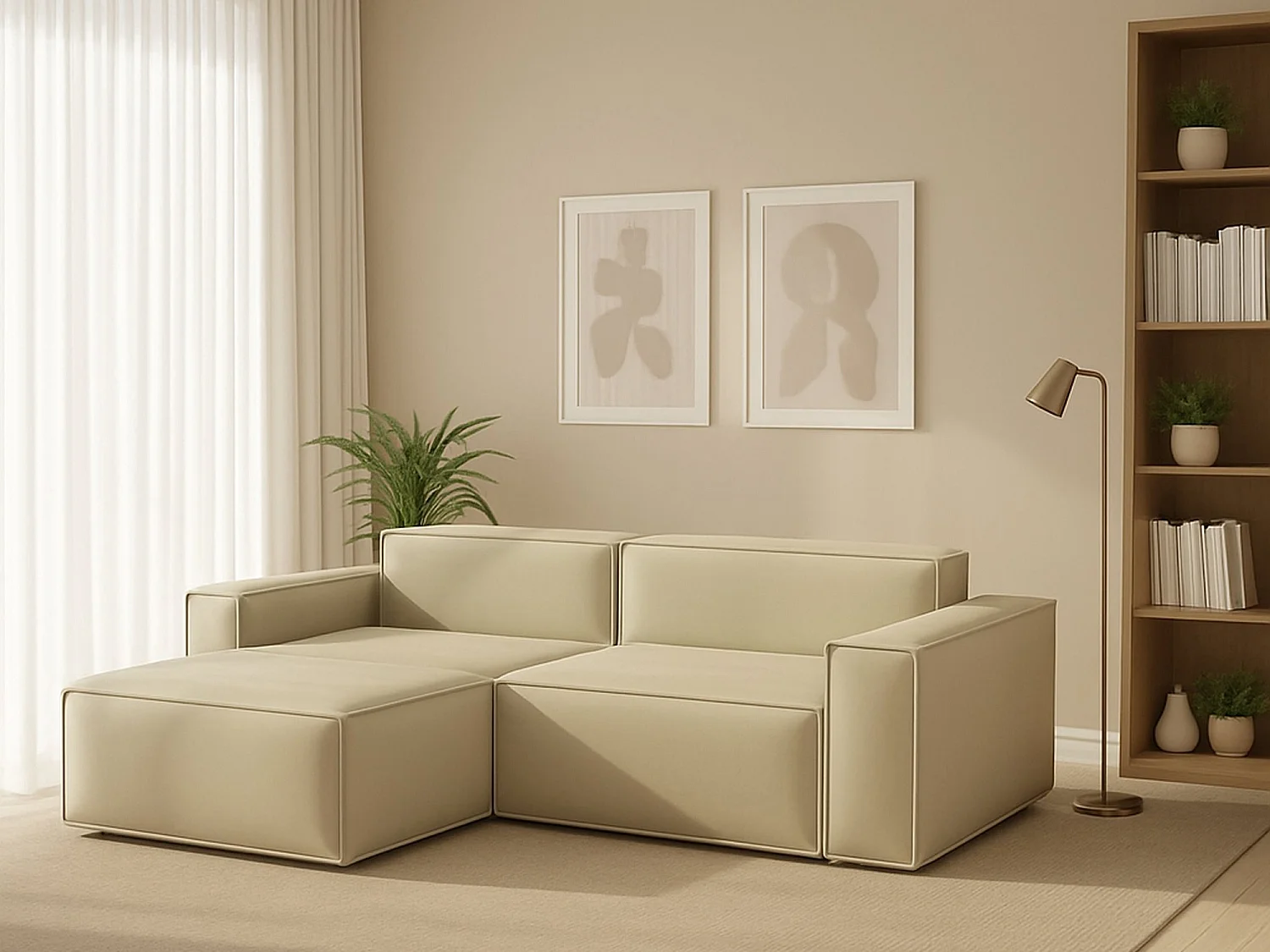Divano fisso Nadia, Divano componibile a 2 posti con penisola sinistra, 100% Made in Italy, Sofà moderno in tessuto, Cm 220x170h70, Beige