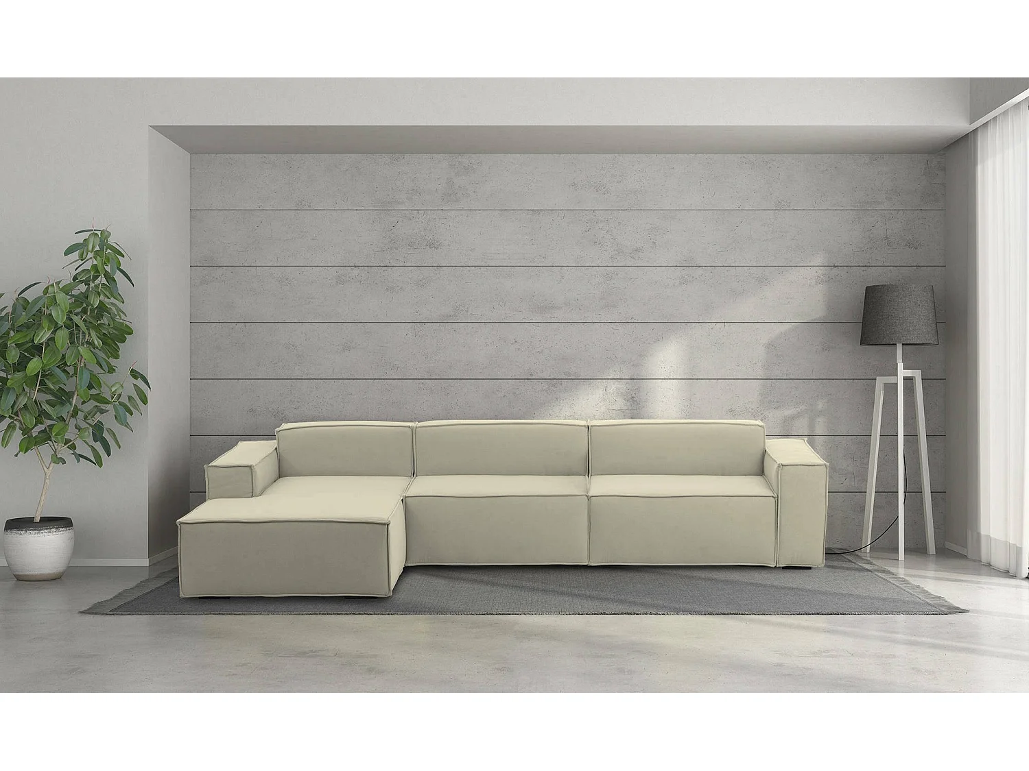 Canapé fixe Licia, canapé modulable 4 places avec péninsule gauche, 100% Made in Italy, Canapé moderne en tissu, 340x170h70 cm, Beige