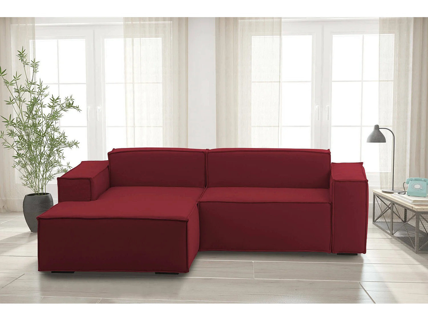 Nadia vaste bank, 2-zits modulaire bank met linkerschiereiland, 100% Made in Italy, Moderne stoffen bank, 220x170h70 cm, Rood
