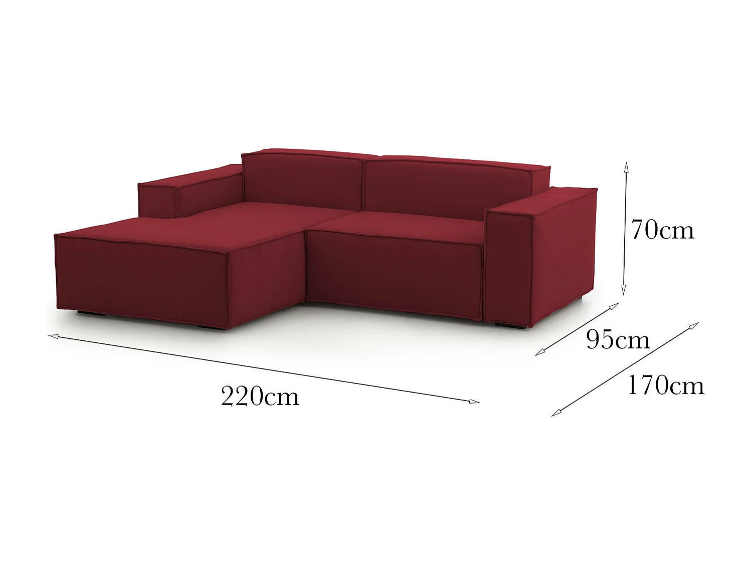 Festes Sofa Nadia, Modulares 2-Sitzer-Sofa mit linker Halbinsel, 100% Made in Italy, Modernes Sofa aus Stoff, Cm 220x170h70, Rot