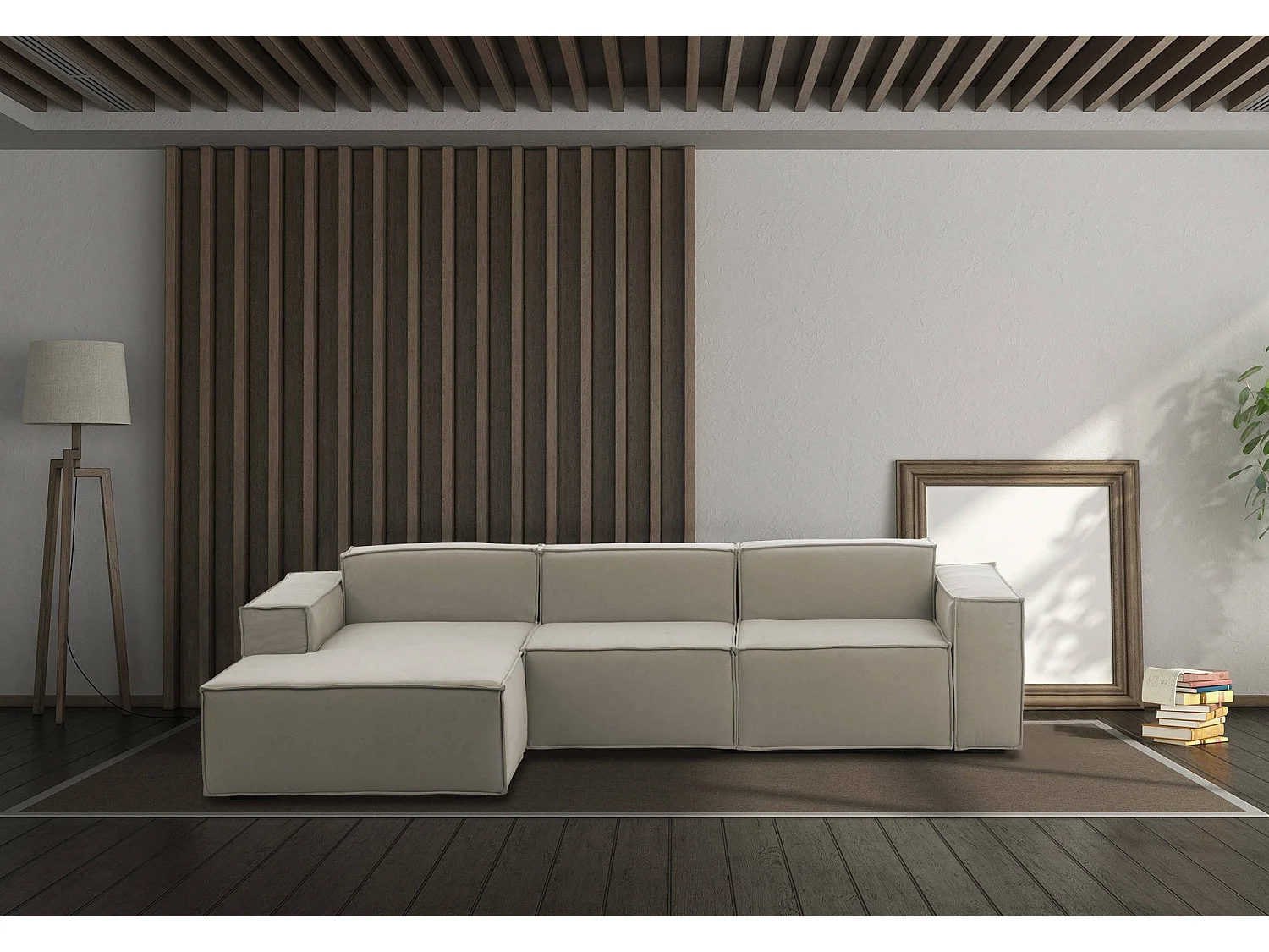 Sofá fixo Jessica, sofá modular de 3 lugares com península esquerda, 100% Fabricado na Itália, Sofá de tecido moderno, 300x170h70 cm, Taupe