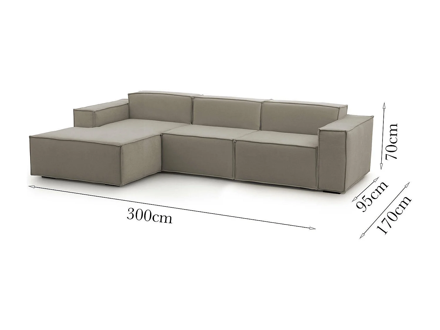 Sofá fixo Jessica, sofá modular de 3 lugares com península esquerda, 100% Fabricado na Itália, Sofá de tecido moderno, 300x170h70 cm, Taupe