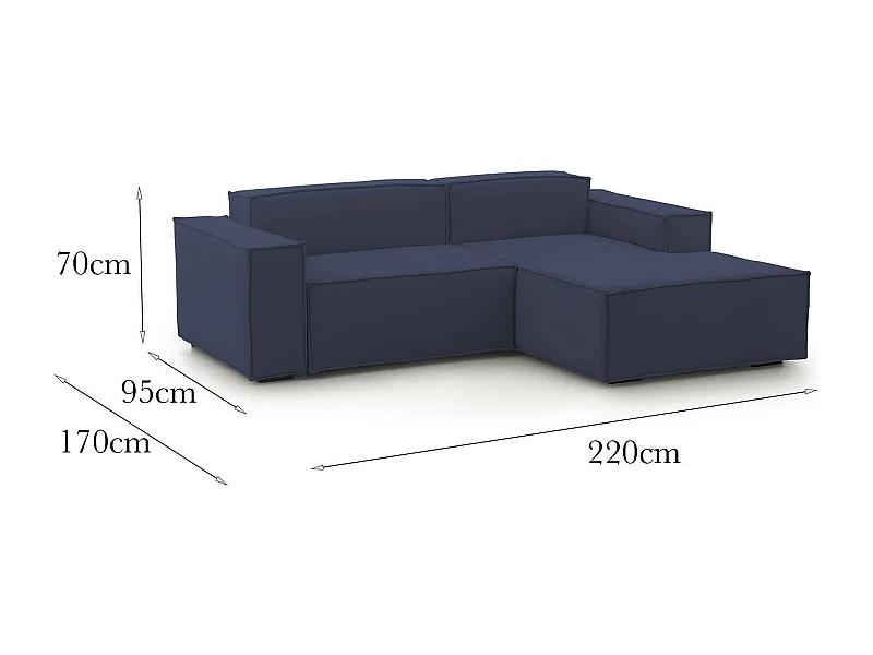 Canapé fixe Patrizia, canapé modulable 2 places avec péninsule droite, 100% Made in Italy, Canapé moderne en tissu, 220x170h70 cm, Bleu