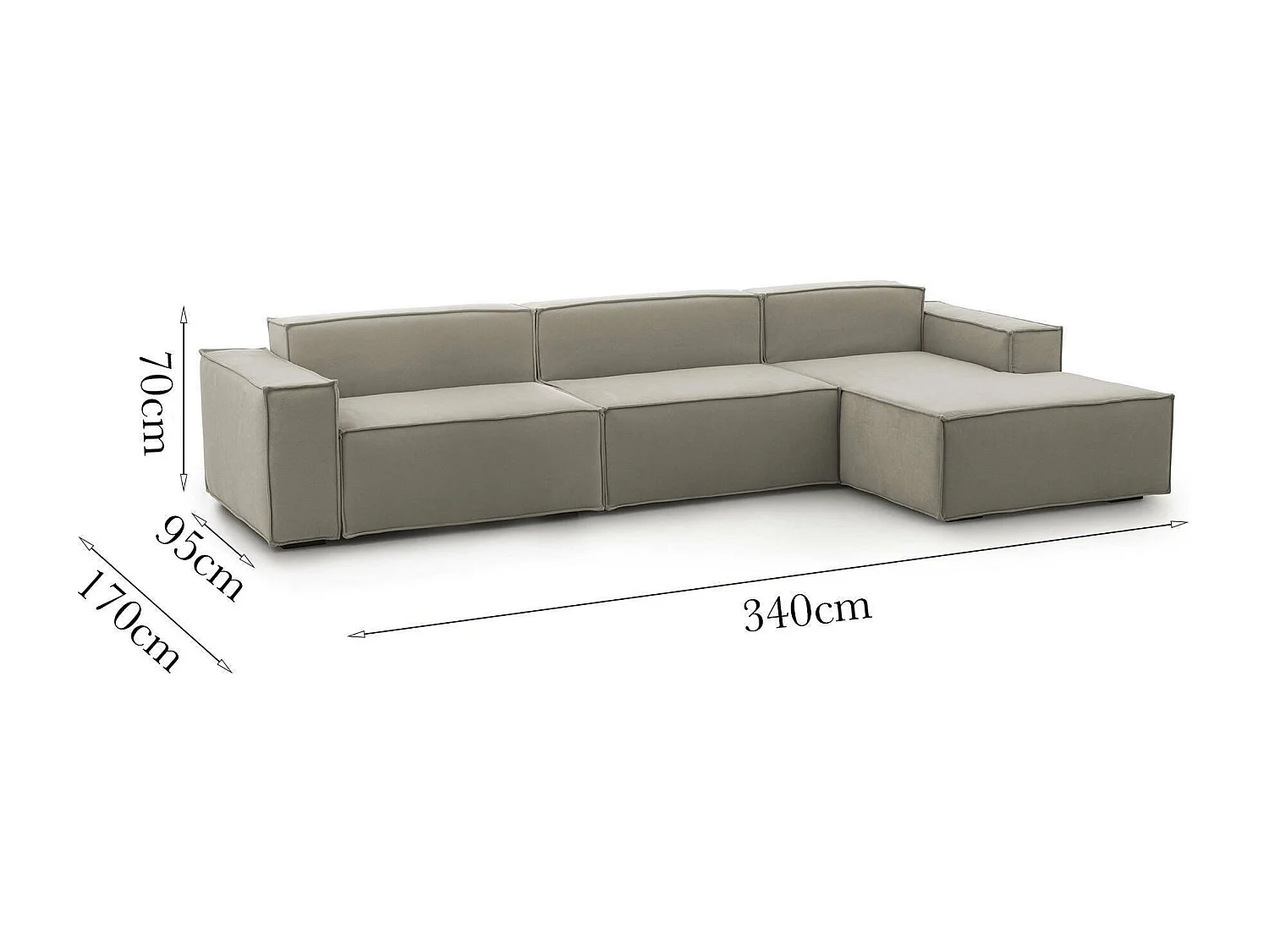 Canapé fixe Raffaella, canapé modulable 4 places avec péninsule droite, 100% Made in Italy, Canapé moderne en tissu, 340x170h70 cm, Taupe