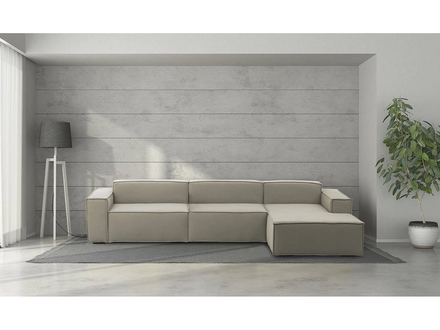 Festes Sofa Raffaella, Modulares 4-Sitzer-Sofa mit rechter Halbinsel, 100% Made in Italy, Modernes Sofa aus Stoff, Cm 340x170h70, Turteltaube