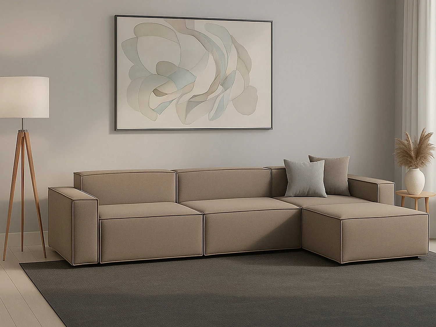 Canapé fixe Raffaella, canapé modulable 4 places avec péninsule droite, 100% Made in Italy, Canapé moderne en tissu, 340x170h70 cm, Taupe