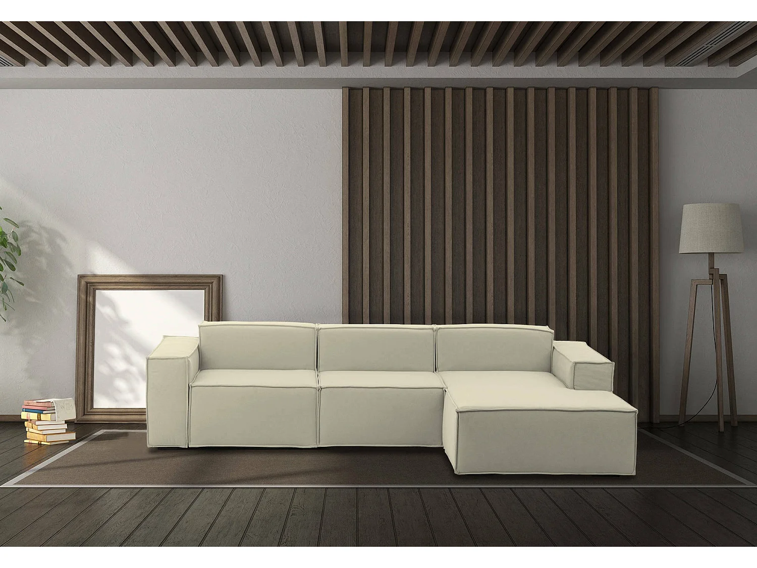 Sofá fixo Giovanna, sofá modular de 3 lugares com península direita, 100% Made in Italy, Sofá de tecido moderno, 300x170h70 cm, Bege