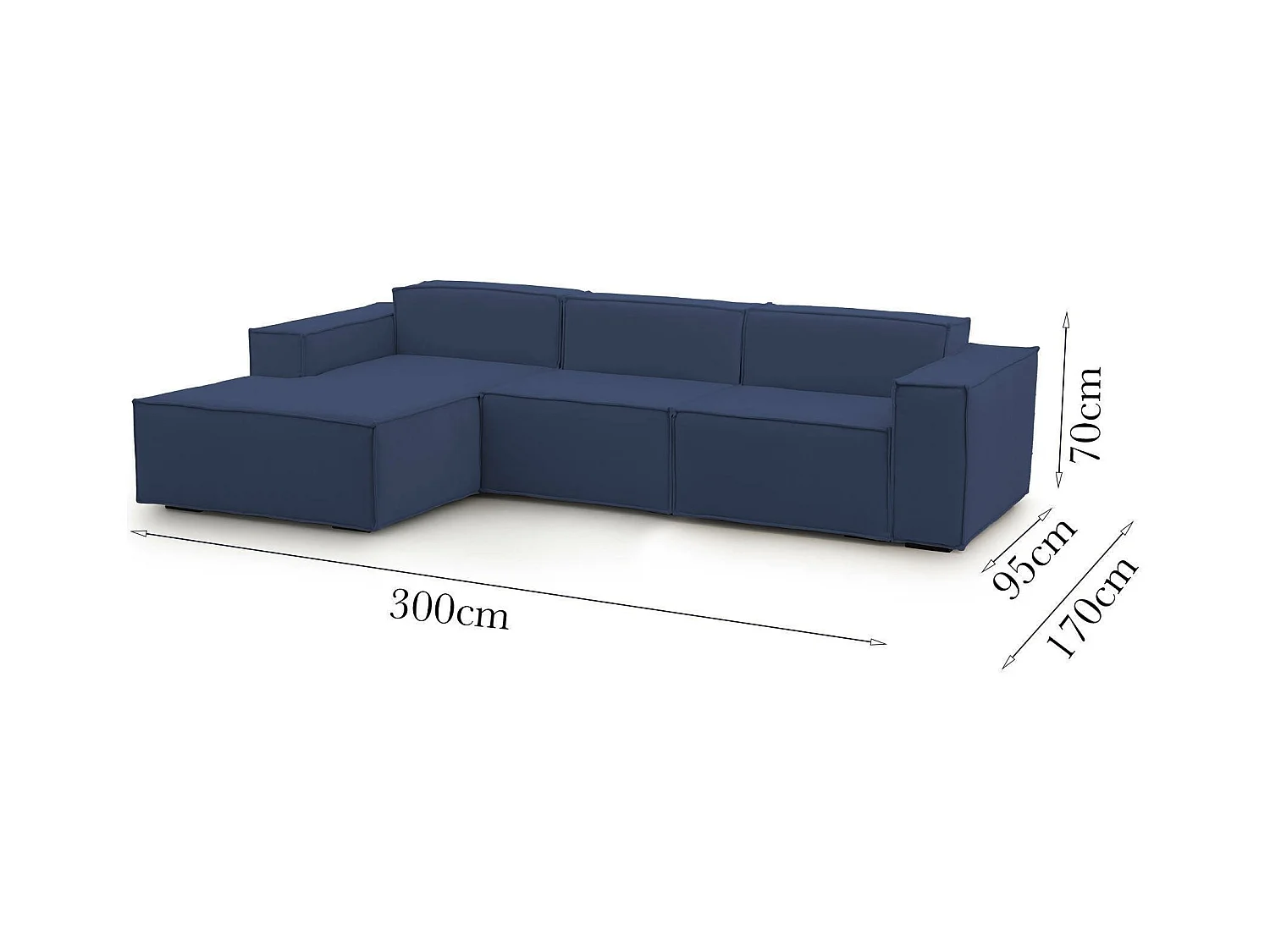 Canapé fixe Jessica, canapé modulable 3 places avec péninsule gauche, 100% Made in Italy, Canapé moderne en tissu, 300x170h70 cm, Bleu