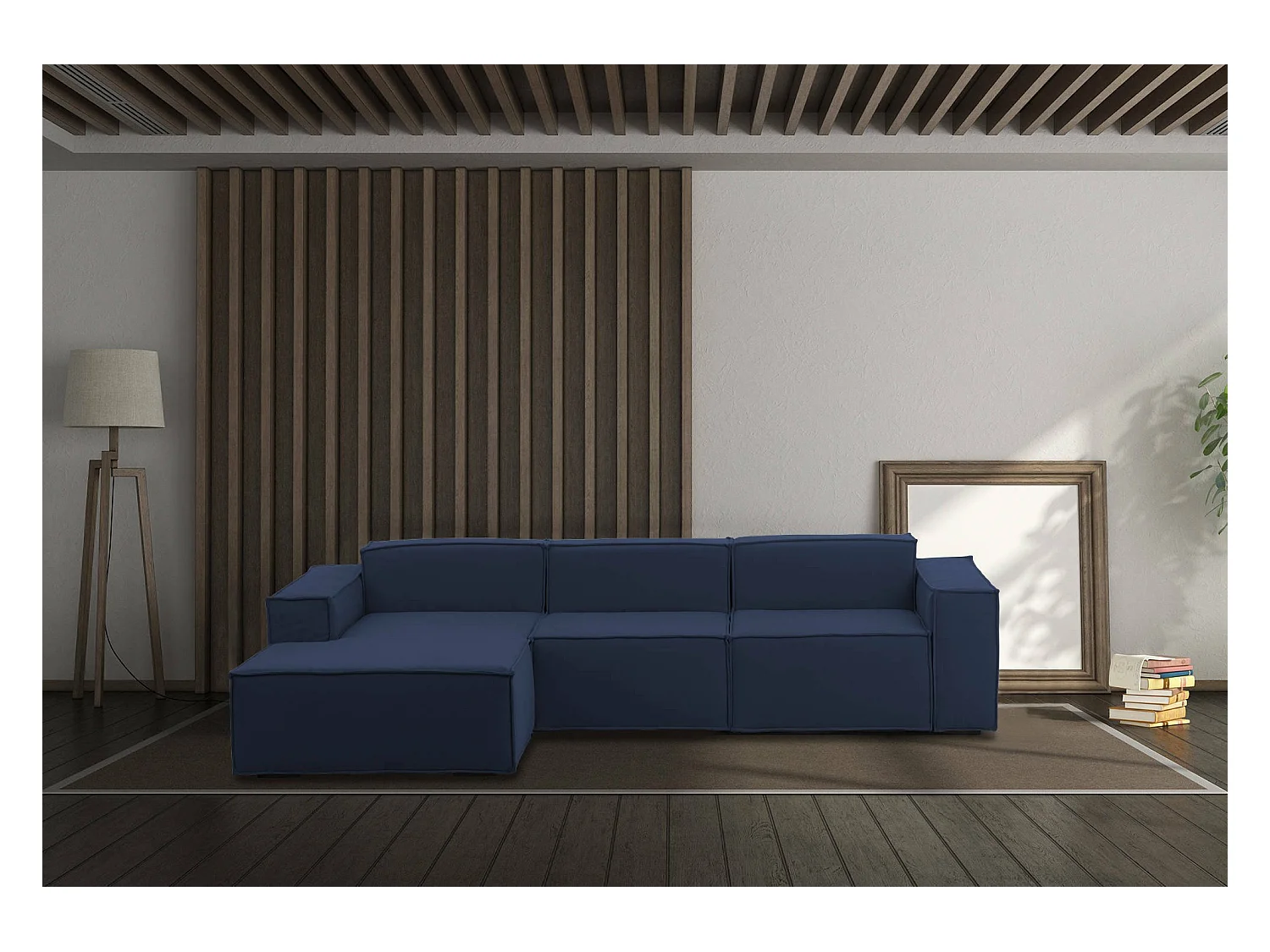 Canapé fixe Jessica, canapé modulable 3 places avec péninsule gauche, 100% Made in Italy, Canapé moderne en tissu, 300x170h70 cm, Bleu
