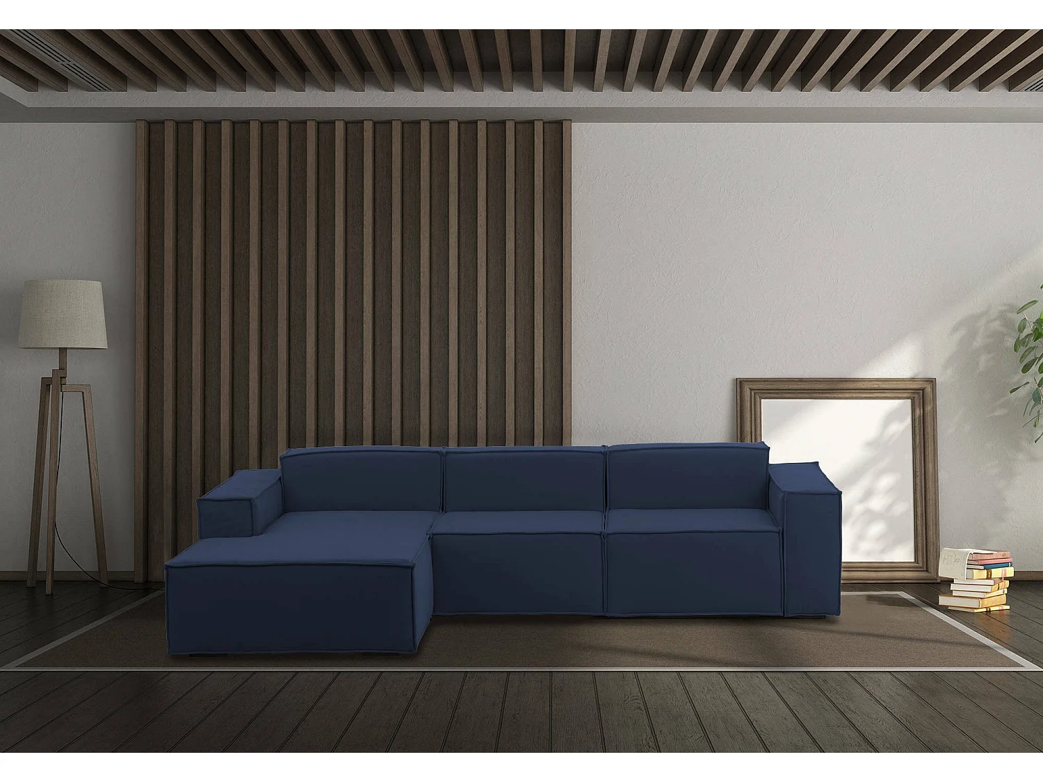 Canapé fixe Jessica, canapé modulable 3 places avec péninsule gauche, 100% Made in Italy, Canapé moderne en tissu, 300x170h70 cm, Bleu