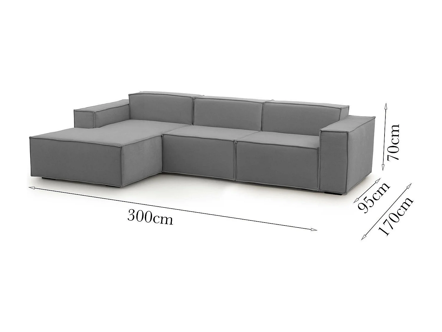 Canapé fixe Jessica, canapé modulable 3 places avec péninsule gauche, 100% Made in Italy, Canapé moderne en tissu, 300x170h70 cm, Gris