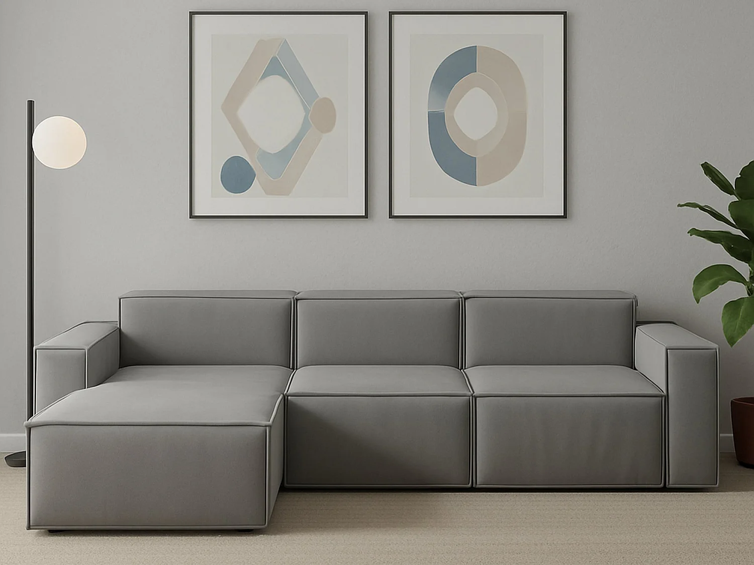 Canapé fixe Jessica, canapé modulable 3 places avec péninsule gauche, 100% Made in Italy, Canapé moderne en tissu, 300x170h70 cm, Gris
