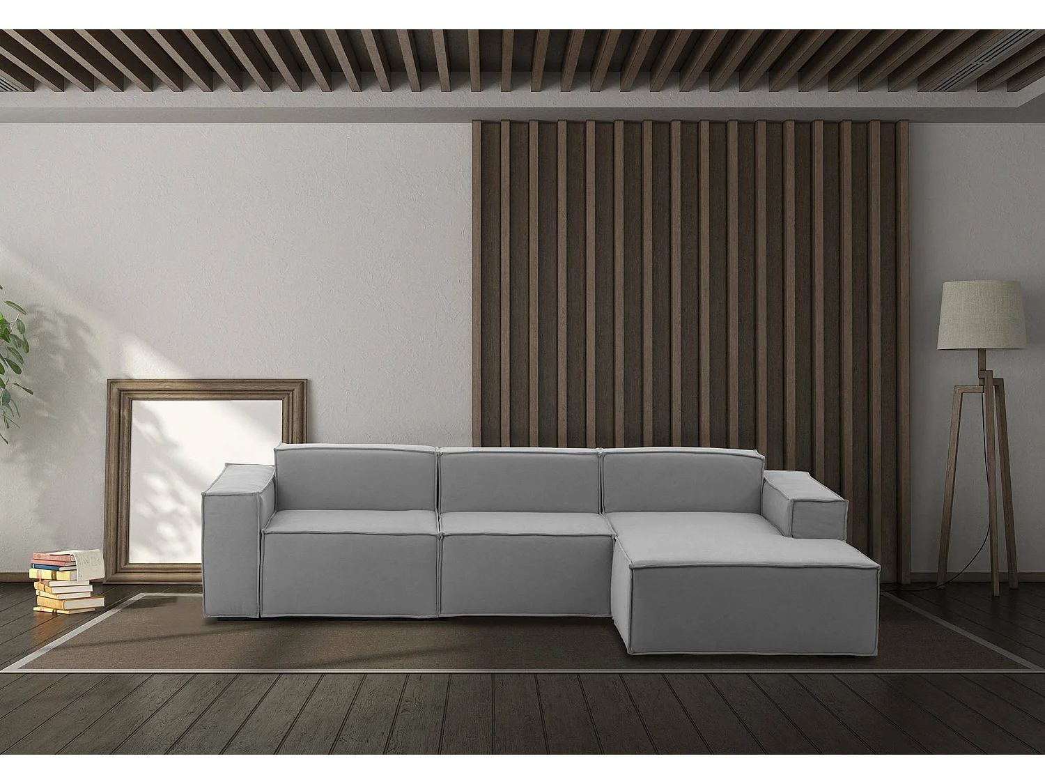 Canapé fixe Giovanna, canapé modulable 3 places avec péninsule droite, 100% Made in Italy, Canapé moderne en tissu, 300x170h70 cm, Gris