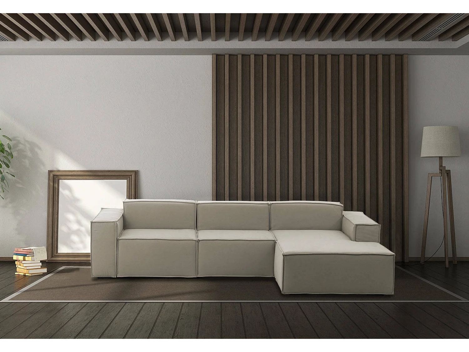 Divano fisso Giovanna, Divano componibile a 3 posti con penisola destra, 100% Made in Italy, Sofà moderno in tessuto, Cm 300x170h70, Tortora