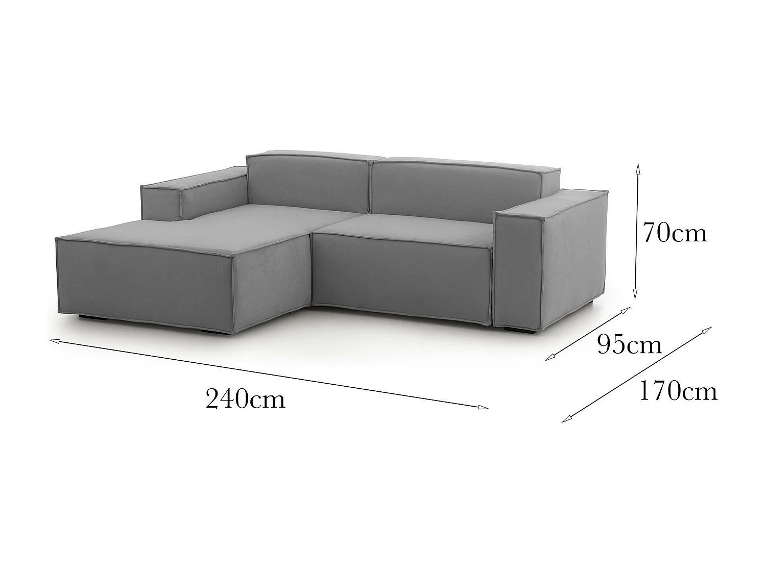 Sofá fijo Daniela, Gran Sofá modular de 2 plazas península izquierda, 100% Made in Italy, Sofá moderno en tela, Cm 240x170h70, Gris