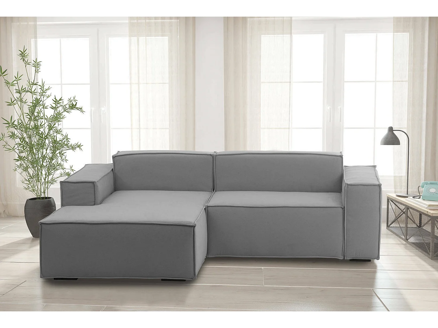 Divano fisso Daniela, Divano componibile a 2 posti large con penisola sinistra, 100% Made in Italy, Sofà moderno in tessuto, Cm 240x170h70, Grigio