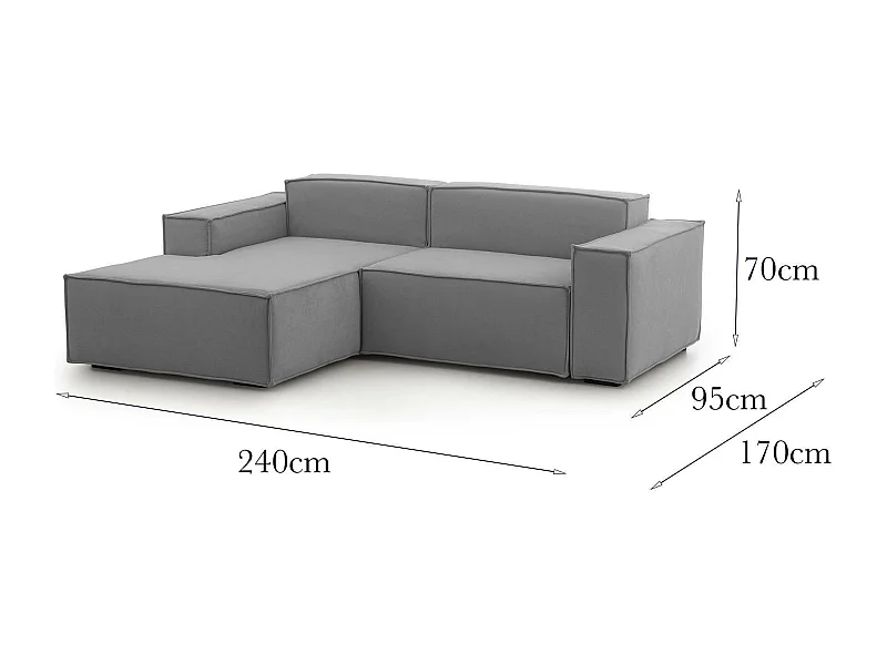 Divano fisso Daniela, Divano componibile a 2 posti large con penisola sinistra, 100% Made in Italy, Sofà moderno in tessuto, Cm 240x170h70, Grigio