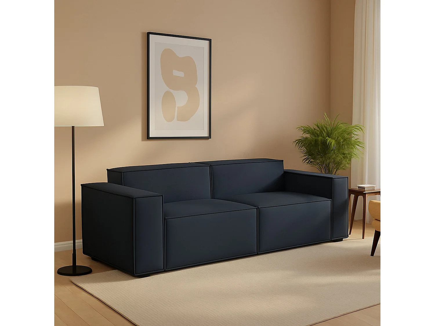 Canapé fixe Paola, canapé modulable linéaire 2 places, 100% Made in Italy, Canapé de salon moderne en tissu, 220x95h70 cm, Bleu